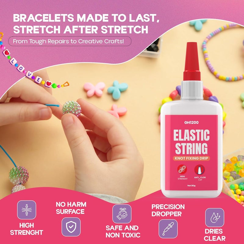 GH1200 Bracelet String Glue with 50 Mess Free Applicators, 30g x 2 PCs Safe to Use Elastic String Glue for Fixing Loose Bracelets, Bracelet Knot, DIY Jewelry Making - Image 5